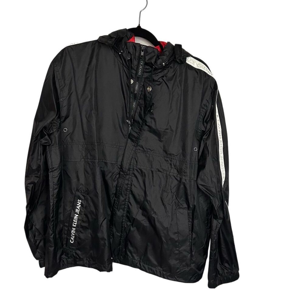 Vintage Calvin Klein Men's Black Windbreaker Jacket Size Large Hooded Reflective
